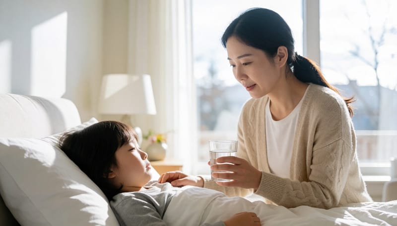 아이를 돌보며 물을 건네는 보호자의 모습