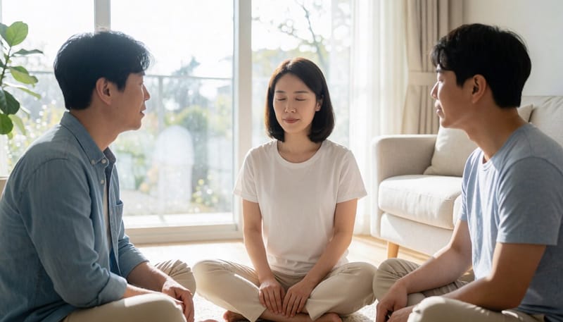 집에서 복식호흡을 연습하는 여성