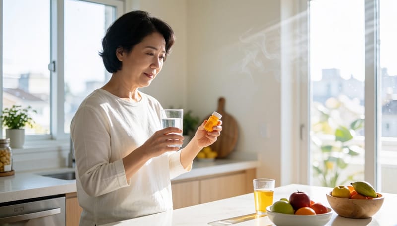 아침에 물과 약병을 들고 있는 중년 여성의 모습