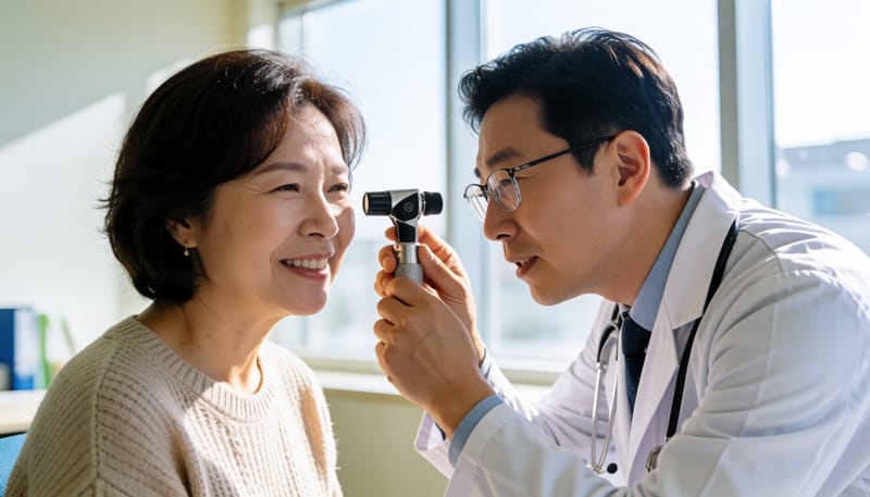 의사가 이경으로 환자의 귀 안을 살펴보는 모습