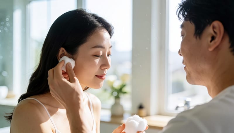 샤워 전 귀에 솜을 끼워 물이 들어가지 않도록 막는 모습