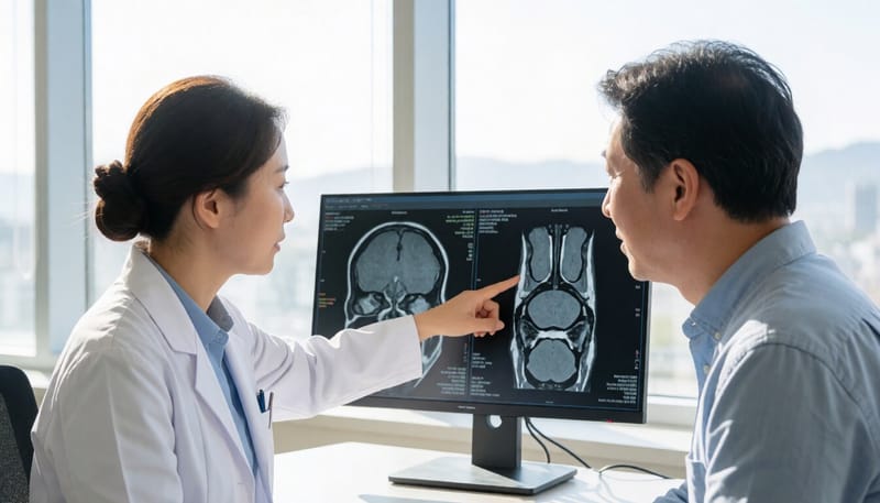 경추 MRI 영상을 함께 보는 의사와 환자