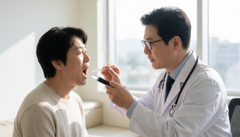 의료진이 환자의 목 안쪽을 살펴보는 모습