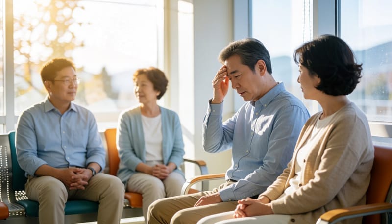 두통으로 병원 진료를 기다리는 중년 남성