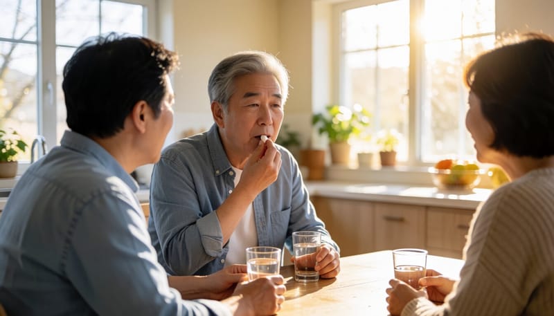 물과 함께 약을 복용하는 중년 남성의 모습