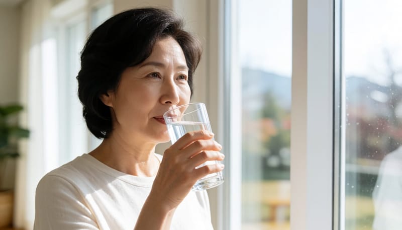 물컵을 들고 입이 마른 듯 불편한 표정을 짓는 중년 여성의 모습