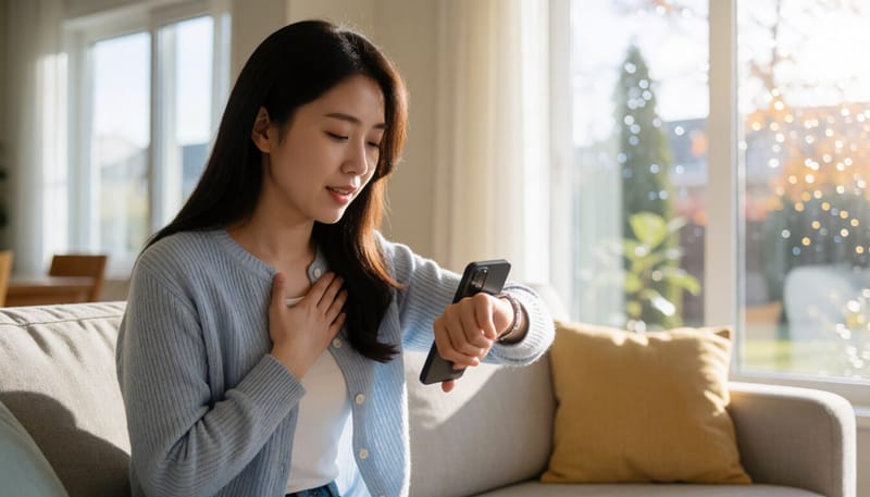 집에서 딸꾹질이 길어져 시간을 확인하는 한국인 여성