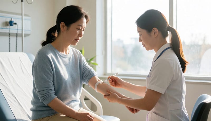 병원에서 혈액검사를 받고 있는 여성의 모습