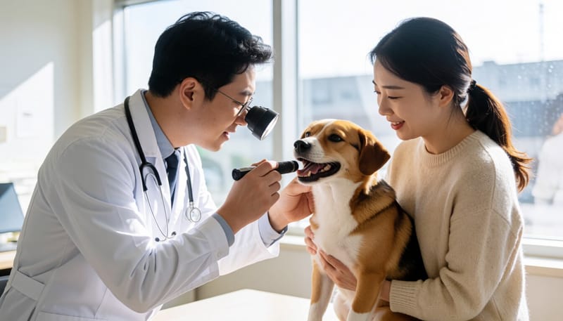 동물병원에서 수의사가 반려견의 입과 목을 살펴보는 모습