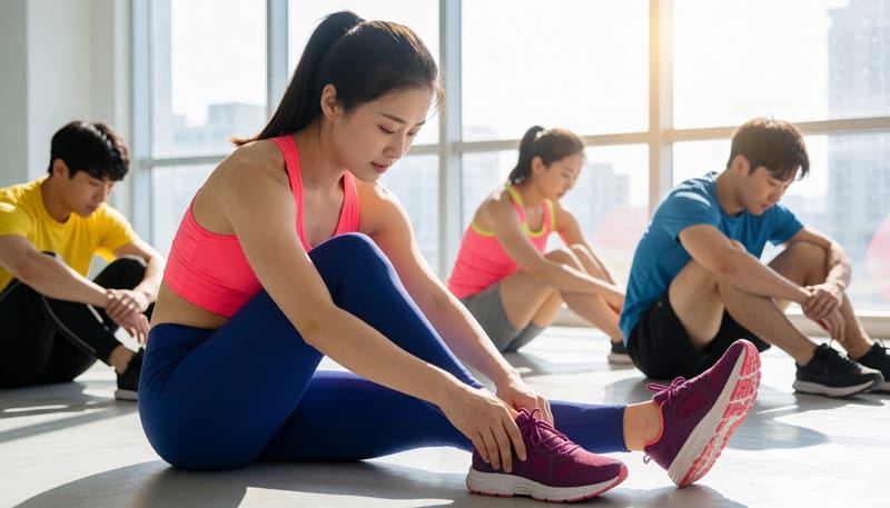 줌바댄스 전 발목과 다리를 스트레칭하는 모습