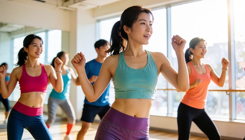 밝은 스튜디오에서 줌바댄스 동작을 따라 하는 사람들의 모습