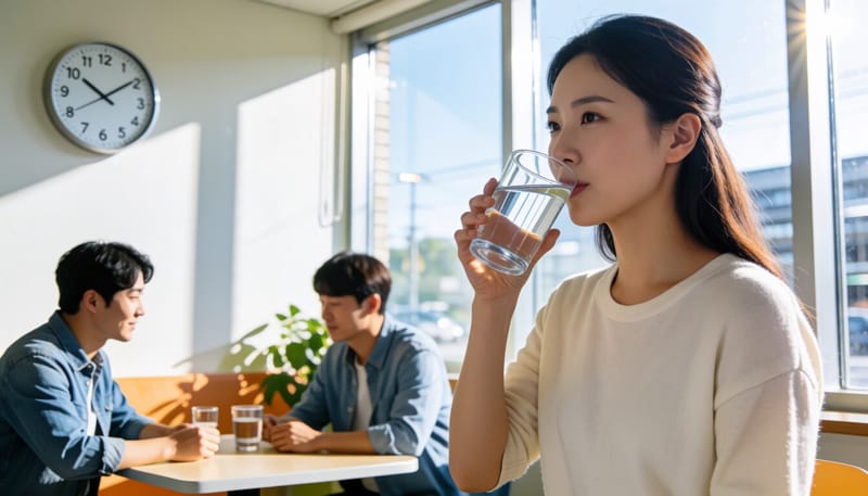카페인 대신 물을 마시며 휴식하는 야간근무자