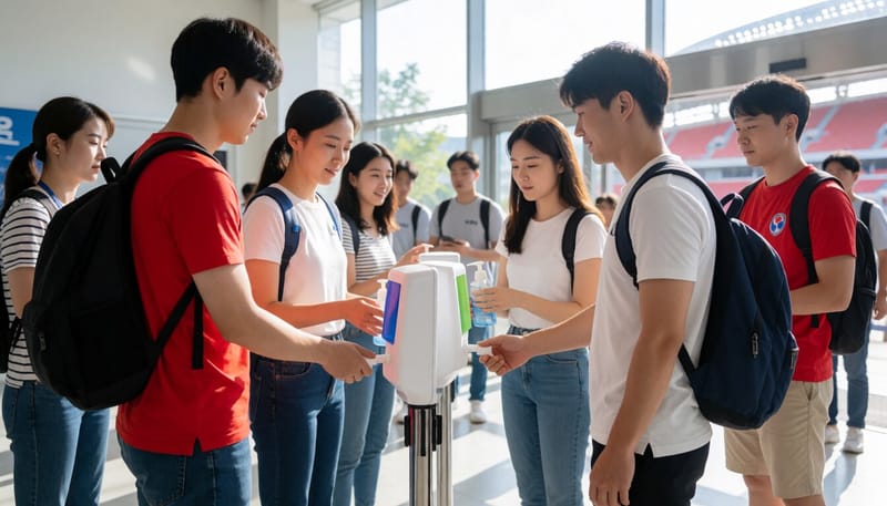 경기장 입구에서 손 소독제를 사용하는 관람객들의 모습