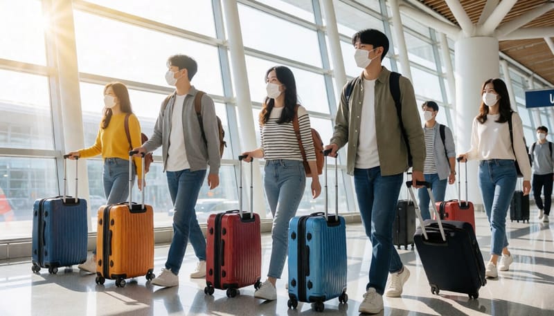 공항 입국장에서 캐리어를 끌고 이동하는 여행객들의 모습