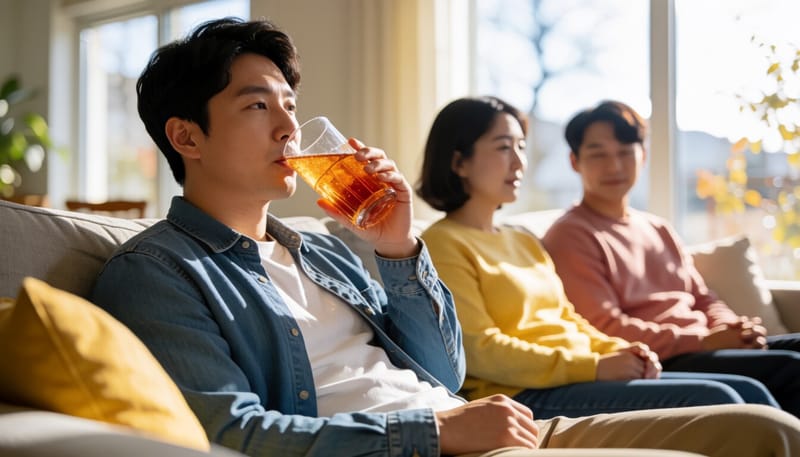 설사 증상으로 전해질 음료를 마시는 남성의 모습