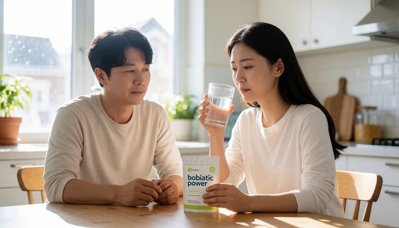 유산균 분말 정장제와 물컵을 앞에 둔 여성의 모습