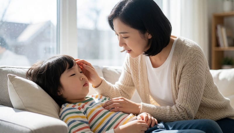 아이의 몸 상태를 살피는 엄마