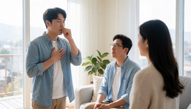 복식호흡을 하며 안정을 취하는 모습