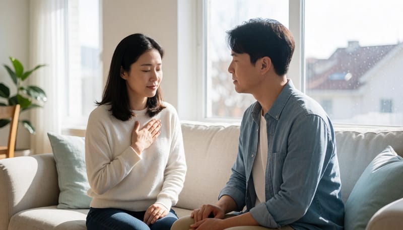 가슴에 손을 올리고 눈을 감은 채 불안해하는 모습