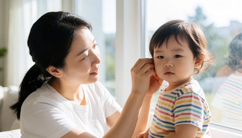 아이의 귀 상태를 살펴보는 엄마의 모습