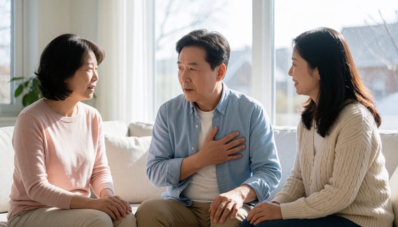 가슴을 움켜쥐고 숨을 몰아쉬는 중년 남성