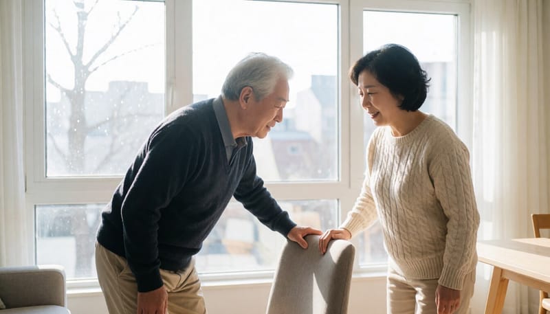 의자에서 천천히 일어서며 균형을 잡는 남성