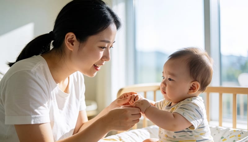 아기의 손발 체온을 확인하는 보호자