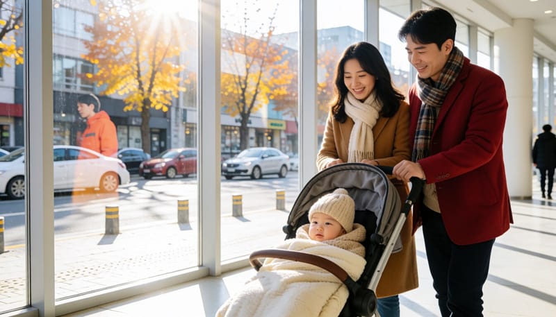 겨울철 외출 시 유모차에서 보온하는 아기