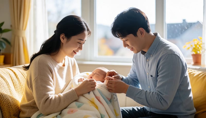 담요로 아기를 감싸 체온을 확인하는 보호자의 모습