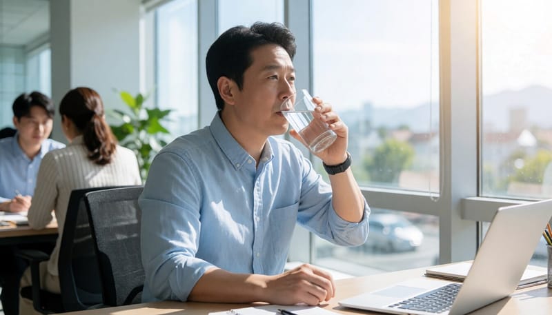 사무실에서 물을 마시며 수분을 보충하는 남성
