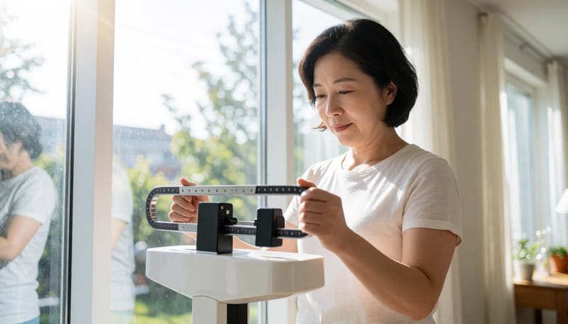 집에서 체중계에 올라가 몸무게를 확인하는 여성