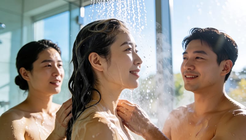 저녁에 머리를 감으며 하루의 먼지를 씻어내는 모습