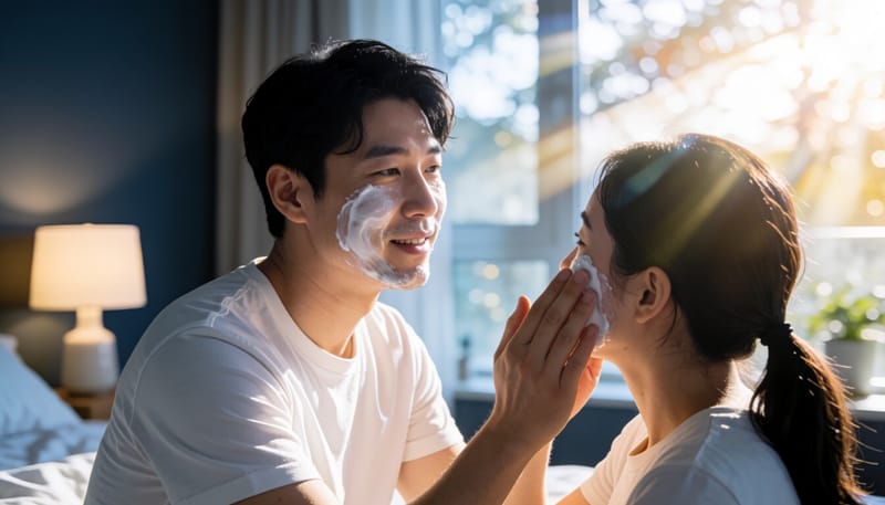 잠자리에 들기 전 보습제를 바르는 모습