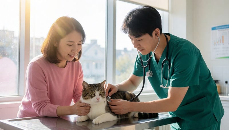 동물병원에서 수의사가 고양이를 청진기로 진찰하는 모습