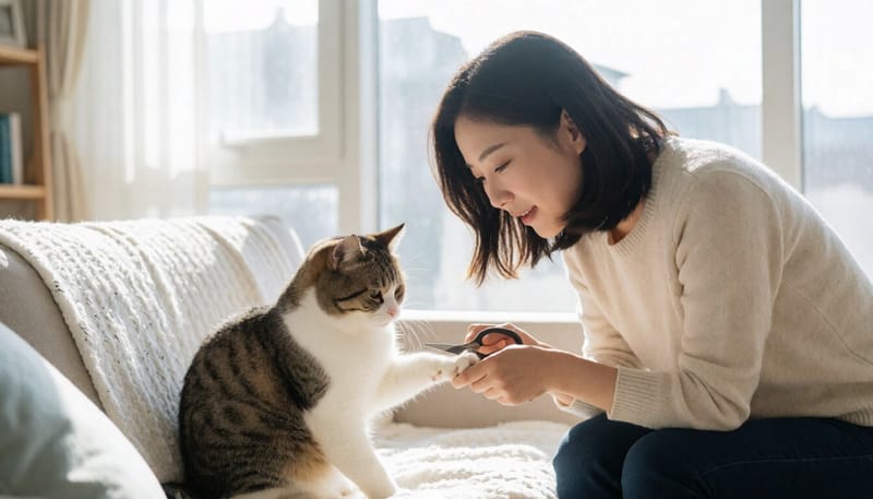 집에서 고양이 발톱을 손질해주는 보호자