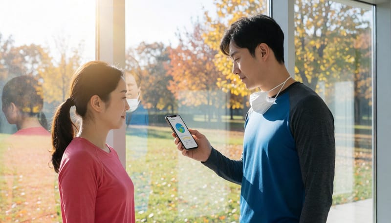 운동 전 스마트폰으로 대기질 정보 확인하는 남성