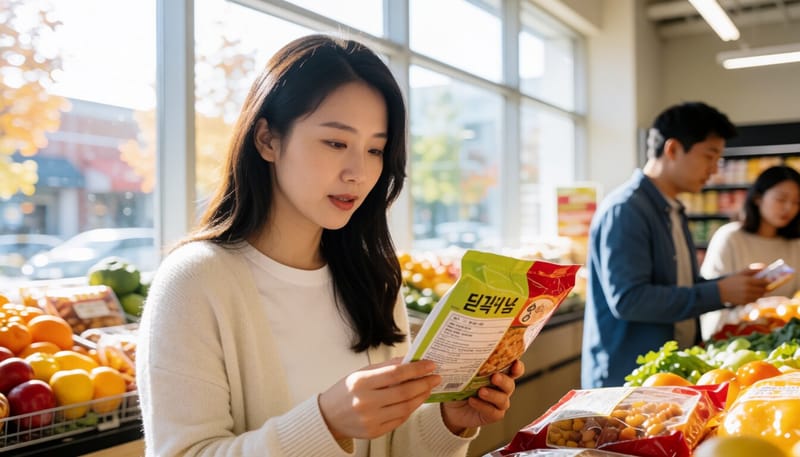 수입식품 라벨을 확인하는 소비자