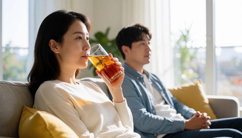 집에서 전해질 음료를 마시며 쉬는 여성