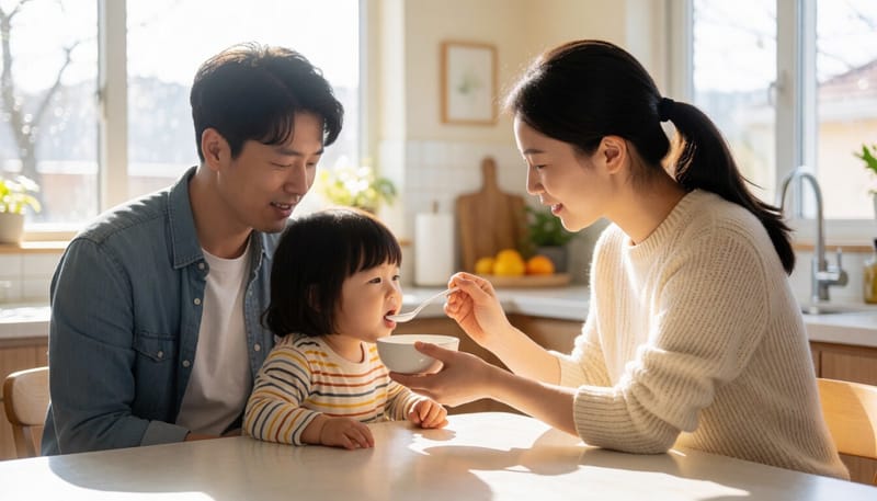 아이에게 물약을 먹이는 엄마의 모습