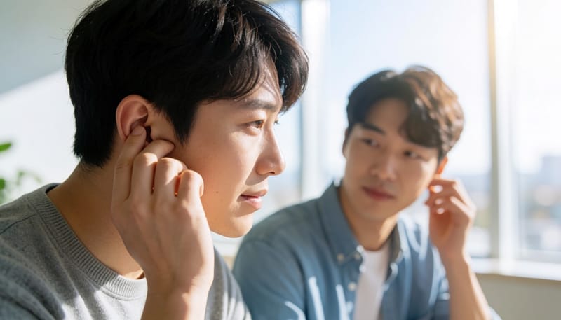 귀를 만지며 통증을 느끼는 모습