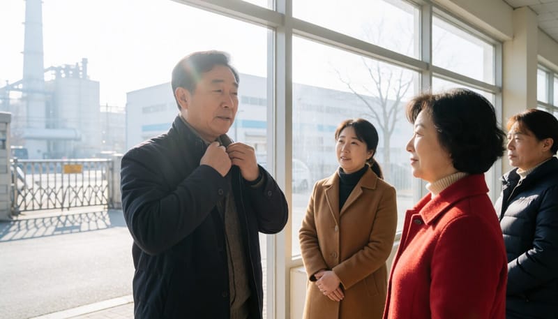 공장 인근에서 숨을 고르며 서 있는 중년 남성