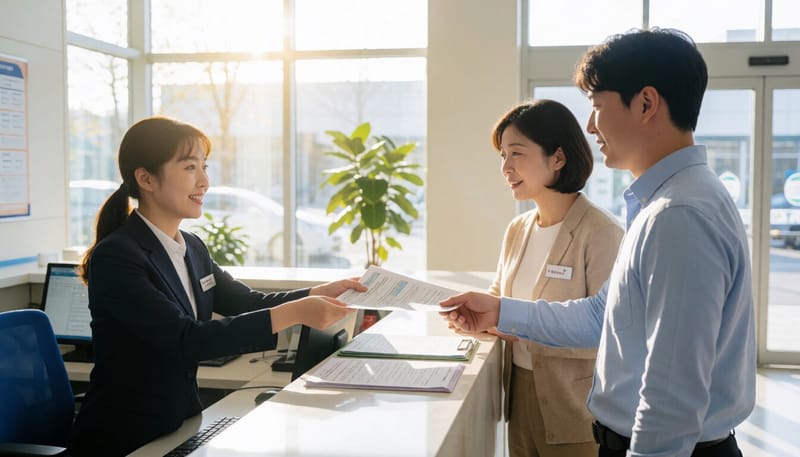 병원 원무과에서 서류를 안내받는 환자의 모습