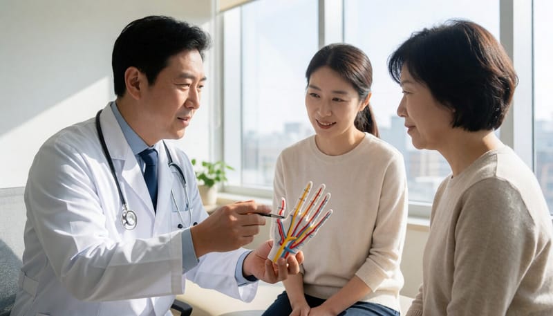 병원에서 손 신경 모형을 보며 설명을 듣는 환자의 모습