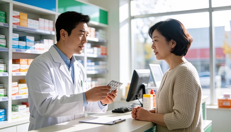 약사가 손님에게 약을 설명하는 모습