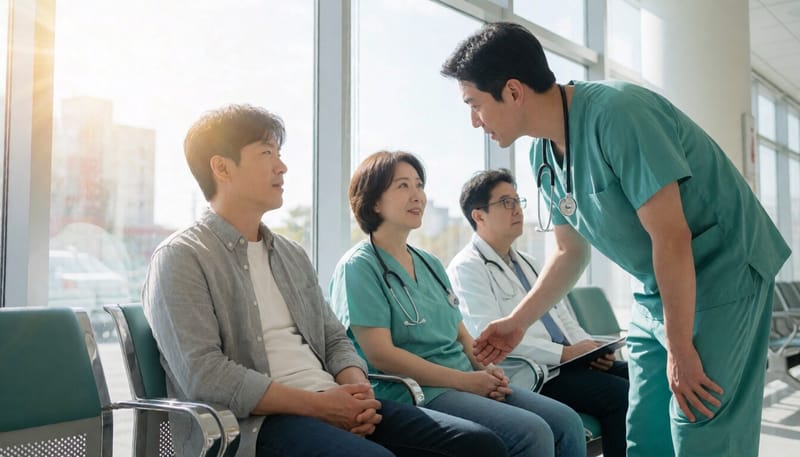 응급실에서 복통을 호소하는 환자와 진료하는 의료진