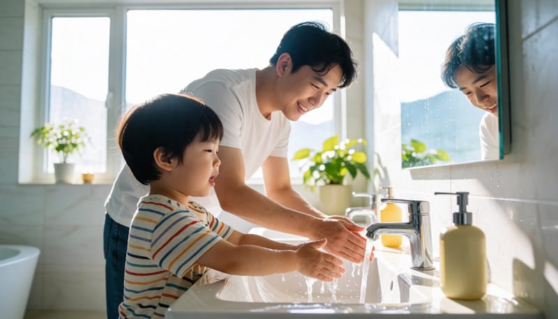 손을 깨끗이 씻는 아이의 모습
