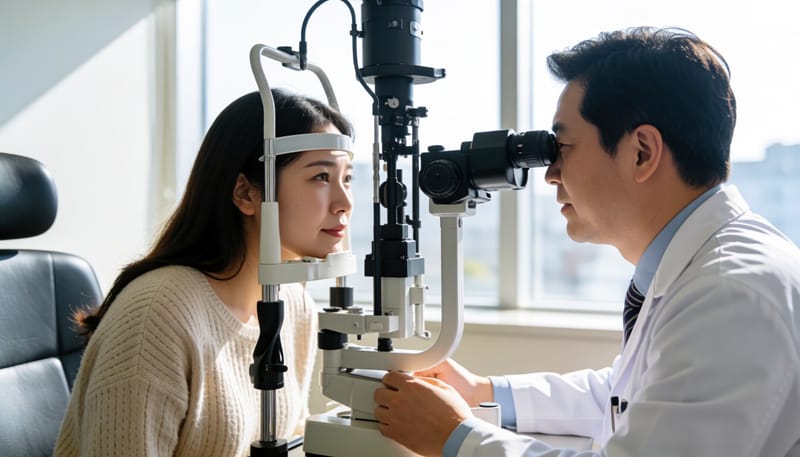 세극등 현미경으로 눈 상태를 살펴보는 안과 진료 모습