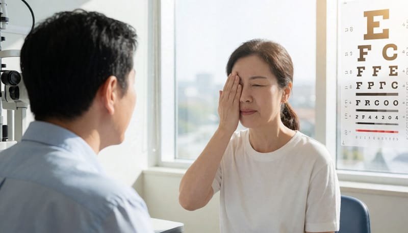 눈을 가리고 시야를 확인하는 안과 진료 장면
