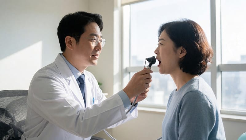 이비인후과에서 후두내시경 검사를 받는 모습