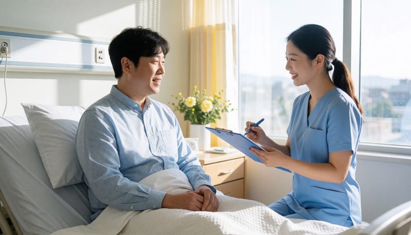 코 수술 후 회복실에 있는 환자와 간호사